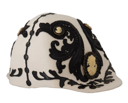 Dolce &amp; Gabbana White Black Wool Embroidered Cameo Brooch Hat