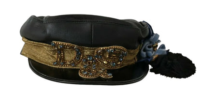 Dolce & Gabbana Black Leather Crystal Beads Gold Ribbon Fiddler Cap