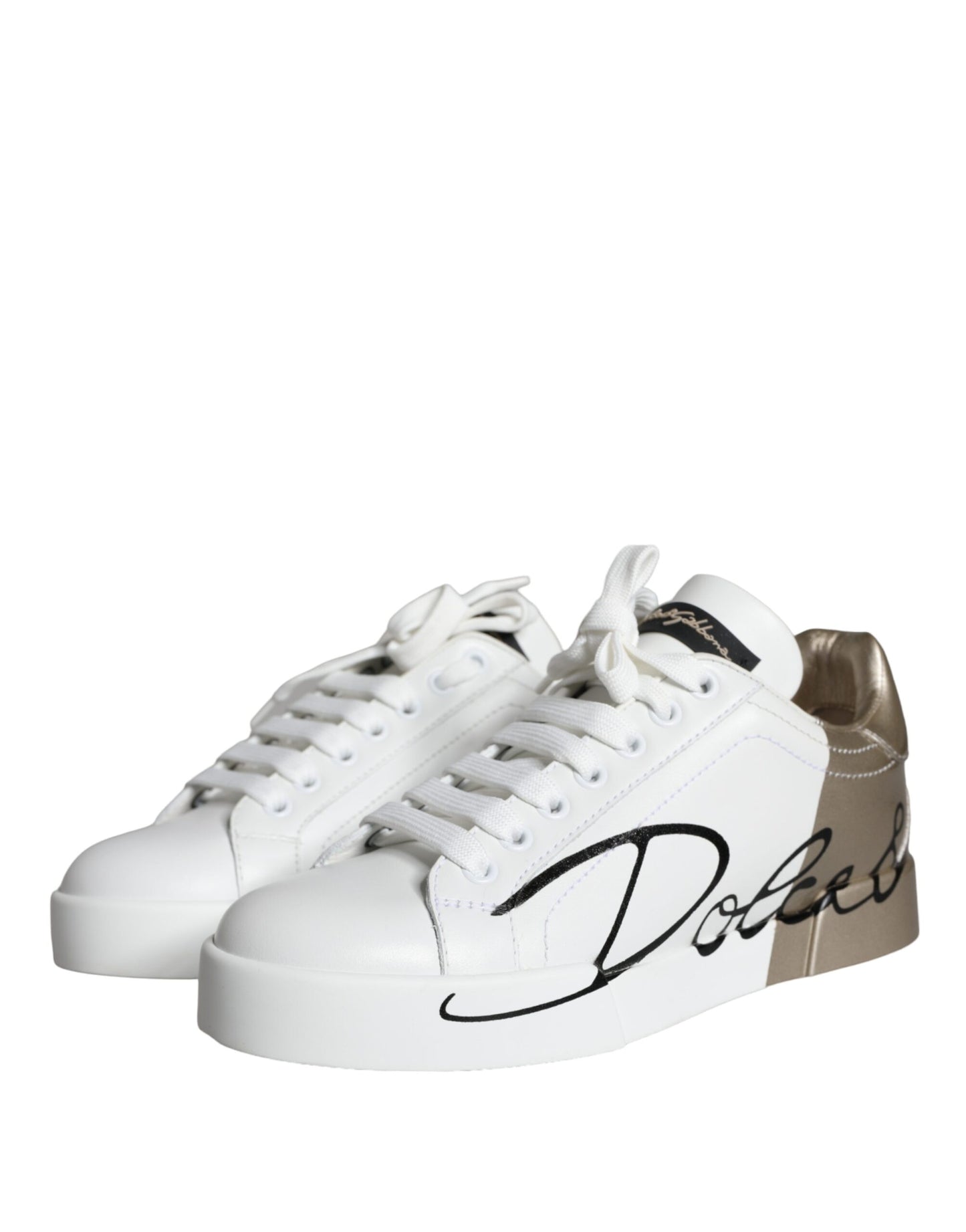 Dolce &amp; Gabbana White Gold Portofino Low Top Leather Sneakers Shoes