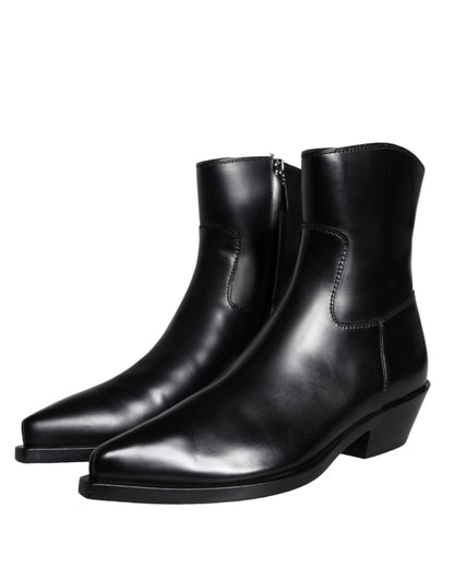 Dolce &amp; Gabbana Black Leather Ankle Boots Booties Shoes