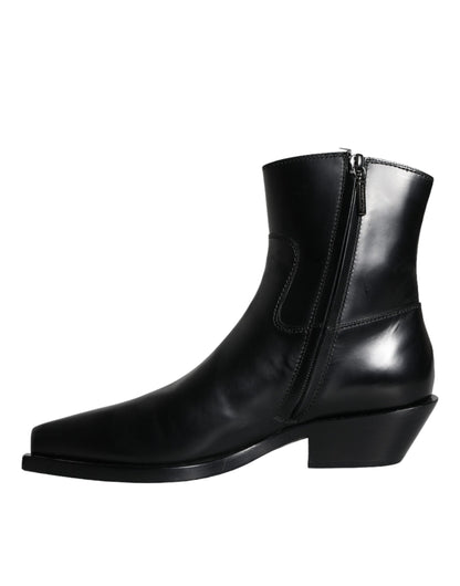 Dolce &amp; Gabbana Black Leather Ankle Boots Booties Shoes