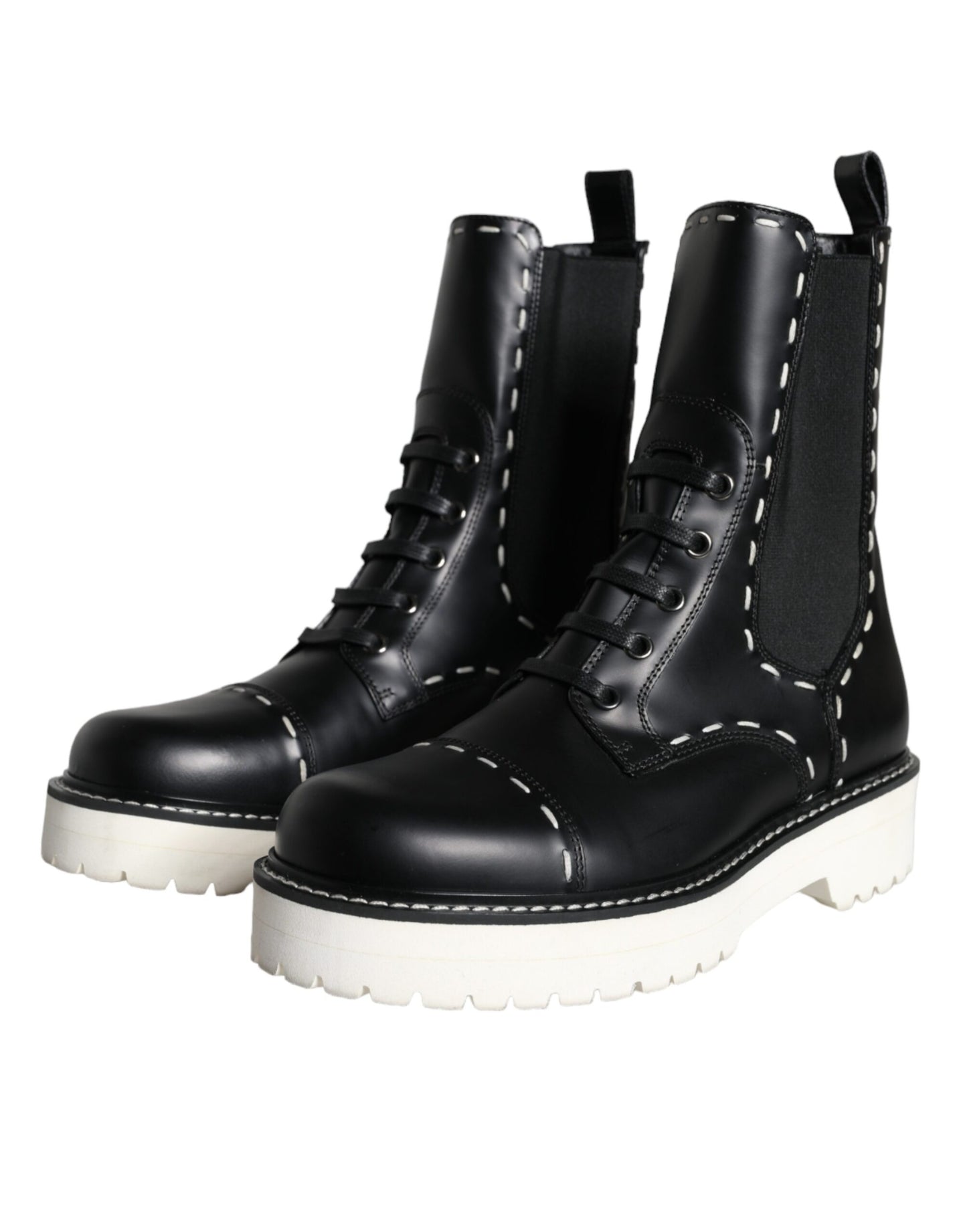 Dolce &amp; Gabbana Black Leather Combat Mid Calf Boots Shoes