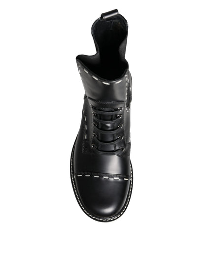 Dolce &amp; Gabbana Black Leather Combat Mid Calf Boots Shoes