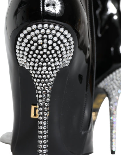 Dolce &amp; Gabbana Black Patent Leather Crystal Heel Boots Shoes