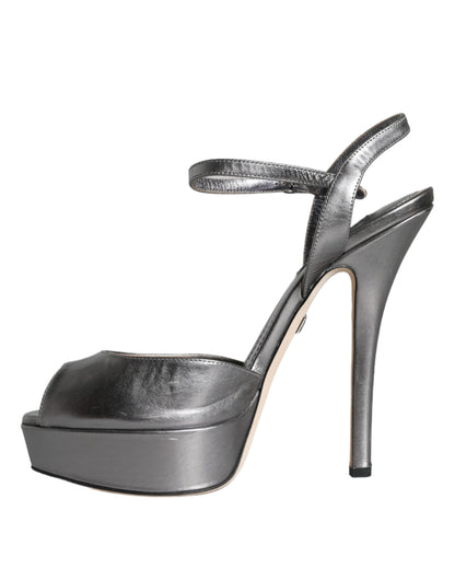 Dolce &amp; Gabbana Metallic Silver Leather Keira Platform Sandals Shoes