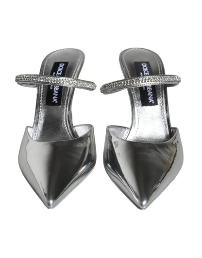 Dolce &amp; Gabbana Silver Crystal Leather Slip On Sandals Shoes