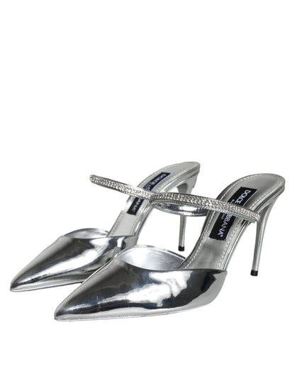 Dolce &amp; Gabbana Silver Crystal Leather Slip On Sandals Shoes