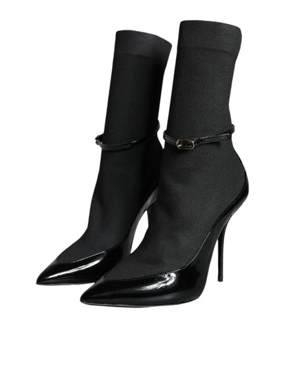 Dolce &amp; Gabbana Black Leather Stilettos Booties Socks Shoes