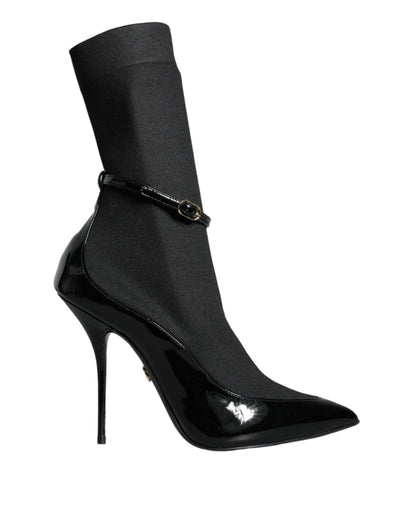 Dolce &amp; Gabbana Black Leather Stilettos Booties Socks Shoes