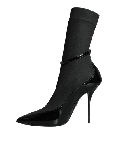 Dolce &amp; Gabbana Black Leather Stilettos Booties Socks Shoes