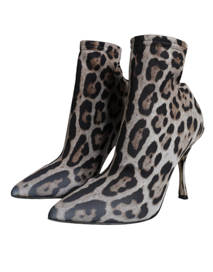 Dolce & Gabbana Gray Leopard Stretch Heels Ankle Boots Shoes