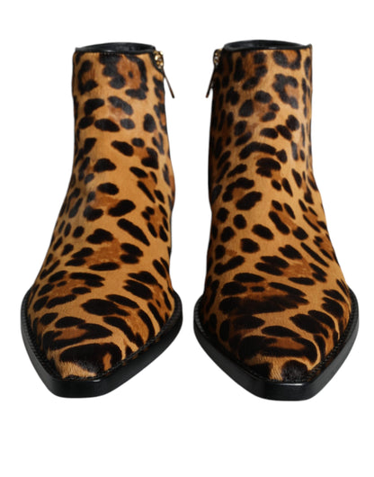 Dolce &amp; Gabbana Brown Leopard Calf Fur Ankle Boots Shoes