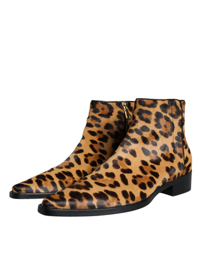 Dolce &amp; Gabbana Brown Leopard Calf Fur Ankle Boots Shoes