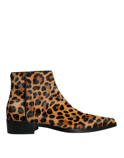 Dolce &amp; Gabbana Brown Leopard Calf Fur Ankle Boots Shoes