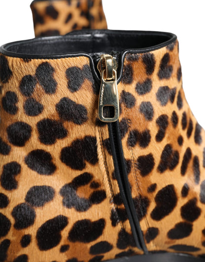 Dolce &amp; Gabbana Brown Leopard Calf Fur Ankle Boots Shoes