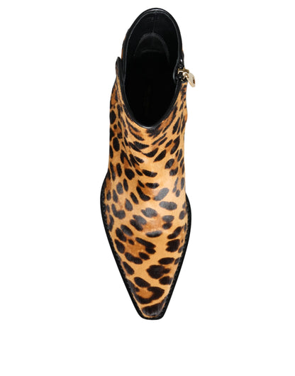 Dolce &amp; Gabbana Brown Leopard Calf Fur Ankle Boots Shoes