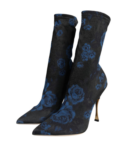 Dolce &amp; Gabbana Black Floral Stretch Mid Calf Boots Shoes