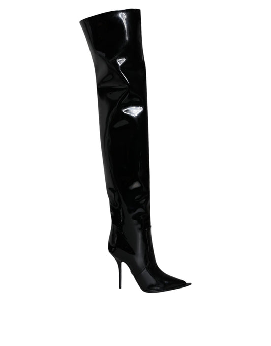 Dolce &amp; Gabbana Black Patent Leather Knee High Boots Shoes