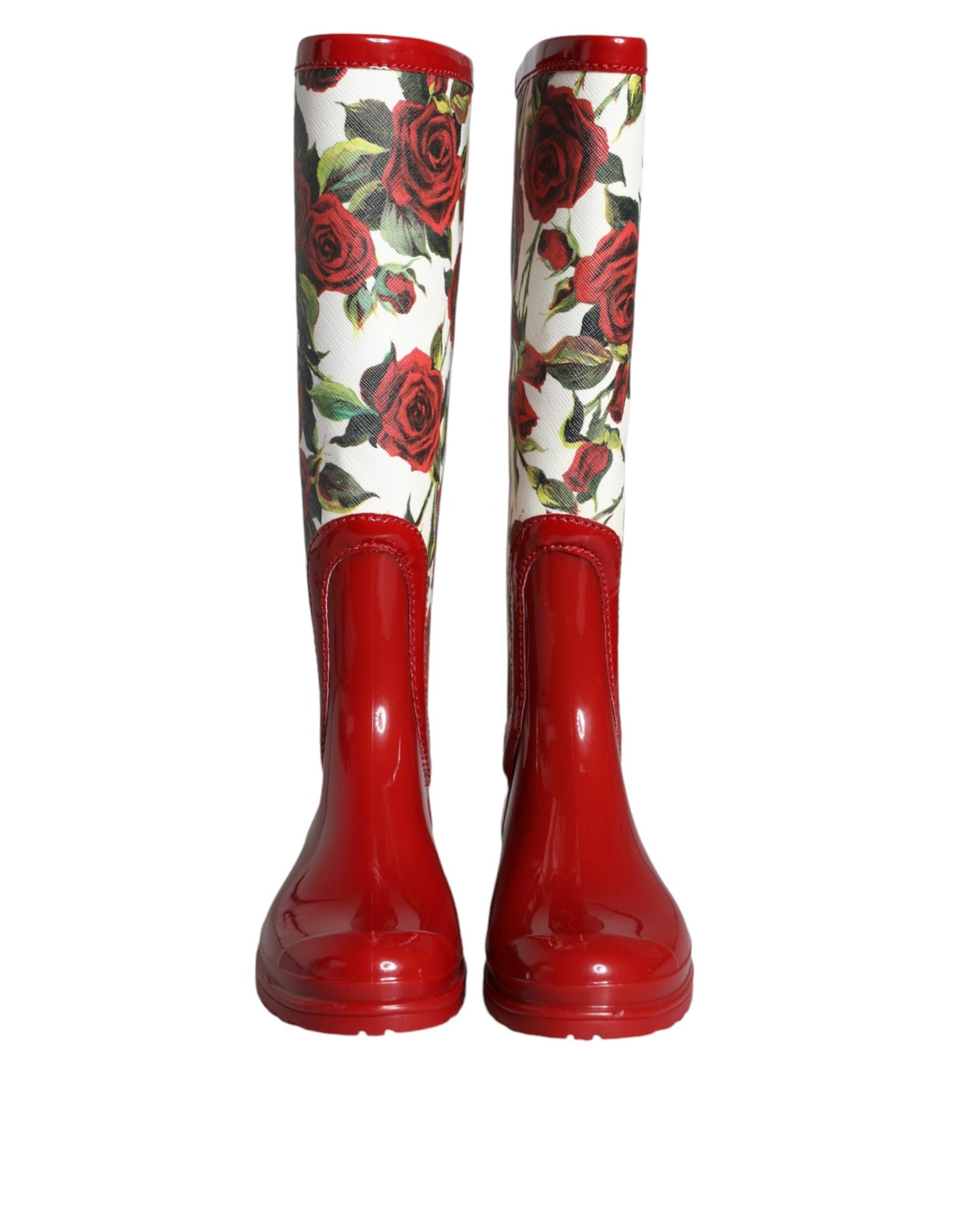 Dolce &amp; Gabbana Red Floral Rubber Knee High Flat Boots Shoes