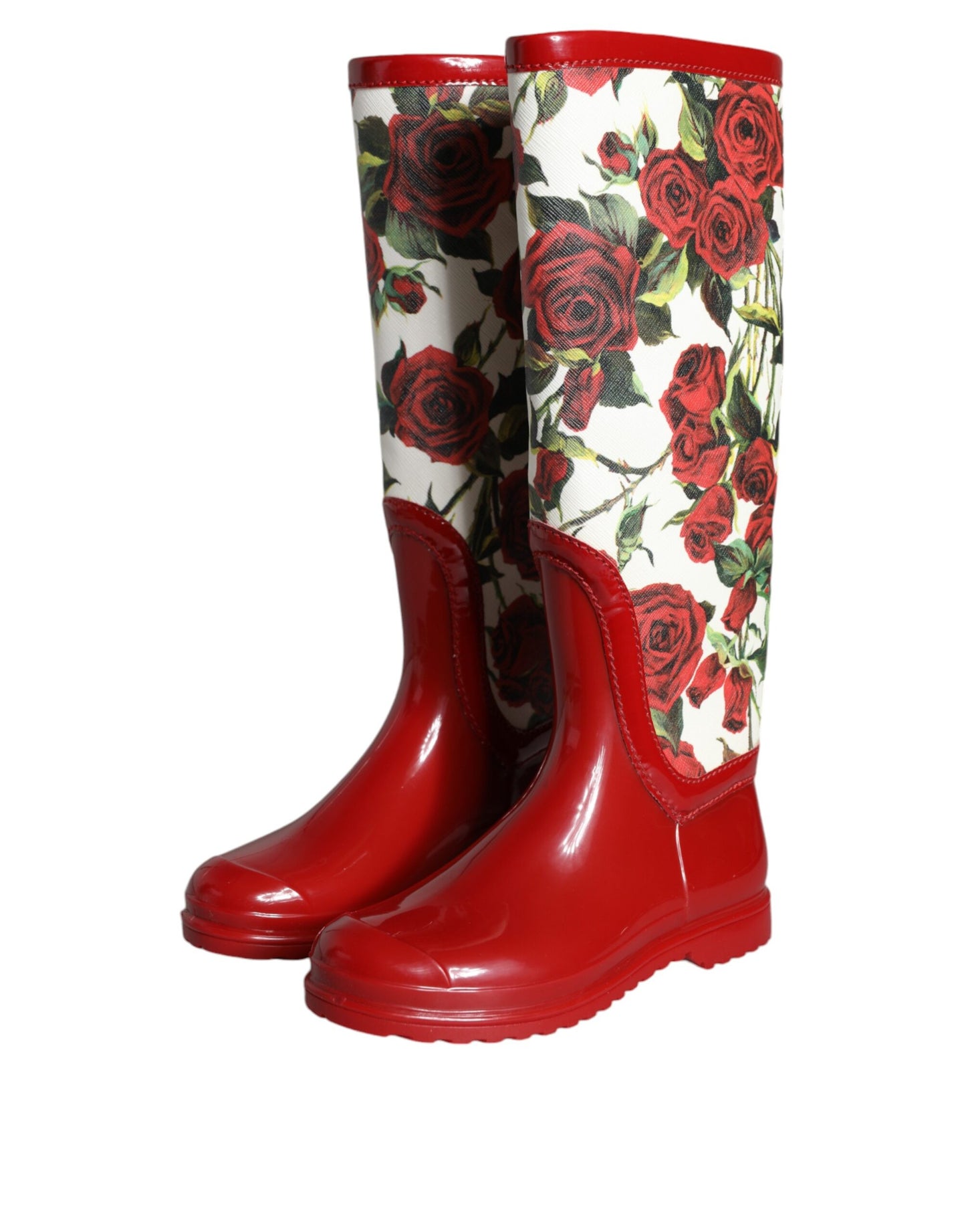 Dolce &amp; Gabbana Red Floral Rubber Knee High Flat Boots Shoes