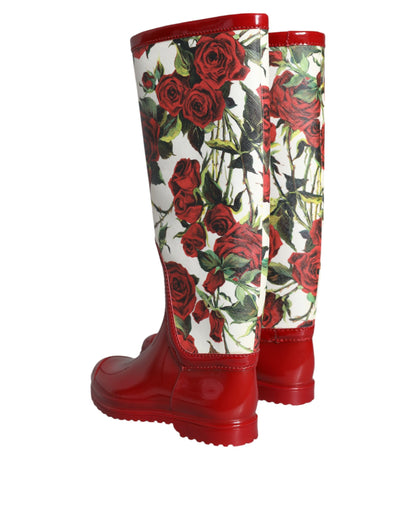 Dolce &amp; Gabbana Red Floral Rubber Knee High Flat Boots Shoes