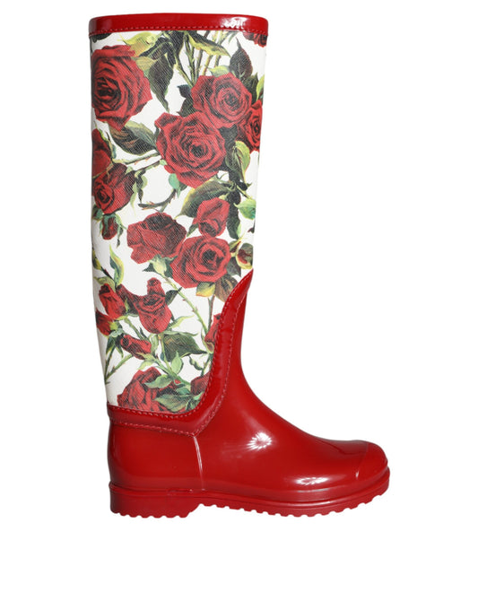 Dolce &amp; Gabbana Red Floral Rubber Knee High Flat Boots Shoes