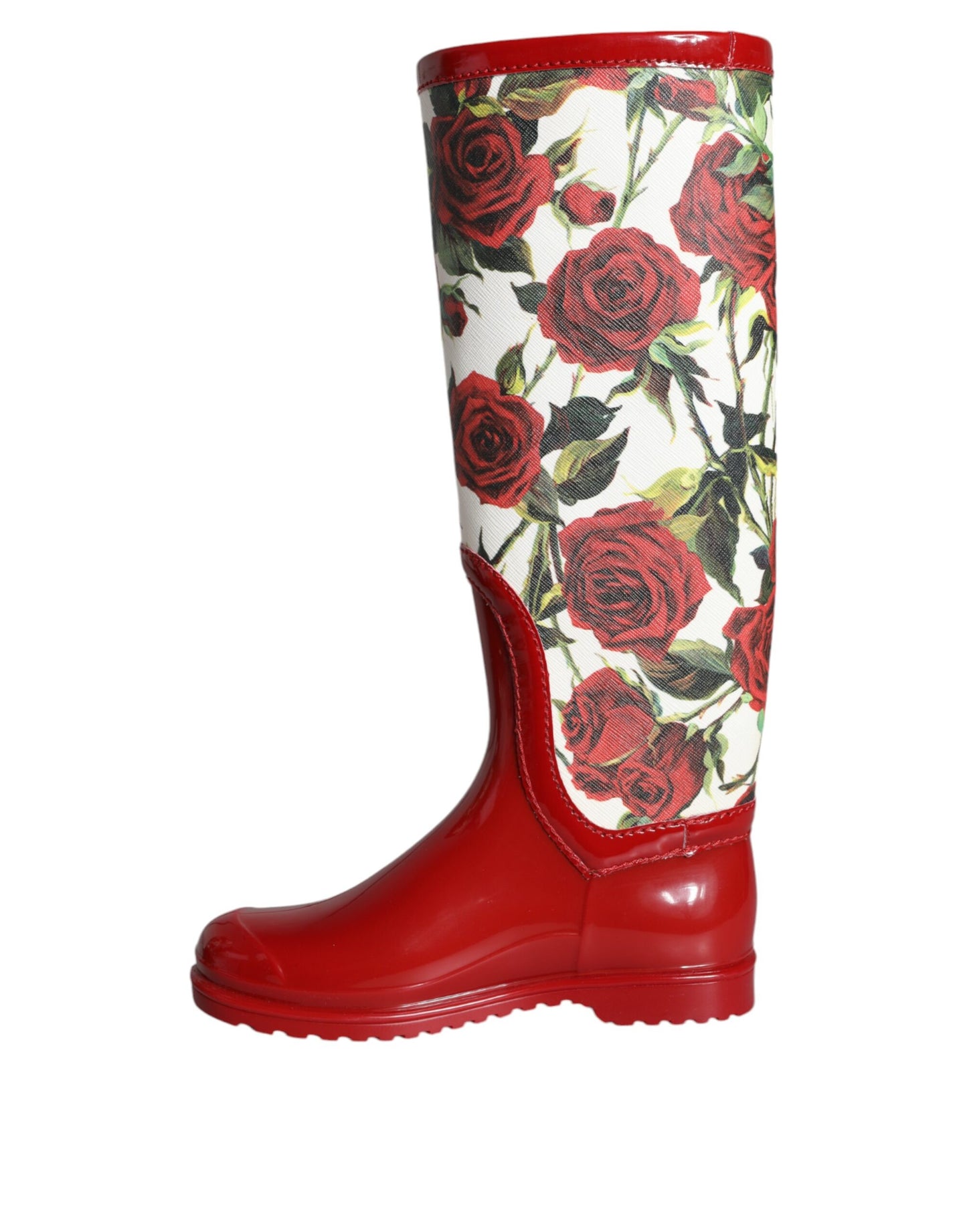 Dolce &amp; Gabbana Red Floral Rubber Knee High Flat Boots Shoes