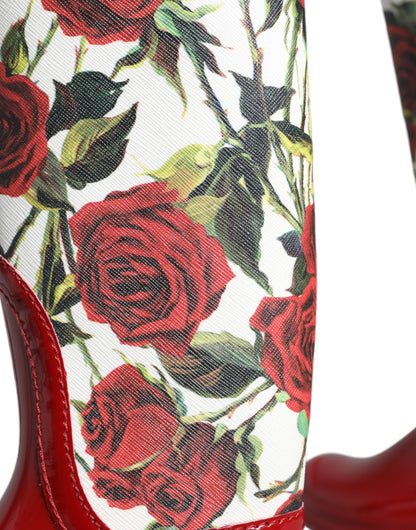 Dolce &amp; Gabbana Red Floral Rubber Knee High Flat Boots Shoes