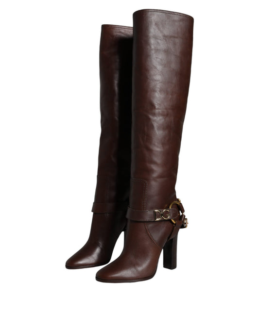 Dolce &amp; Gabbana Brown Leather Gold Tone Logo High Boots Shoes