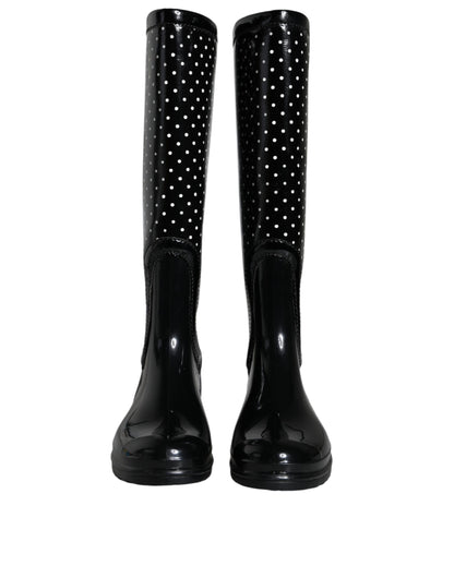 Dolce &amp; Gabbana Black Polka Dot Rubber Knee High Boots Shoes