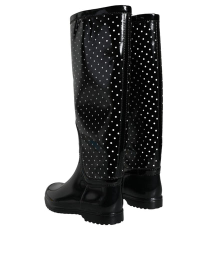 Dolce &amp; Gabbana Black Polka Dot Rubber Knee High Boots Shoes