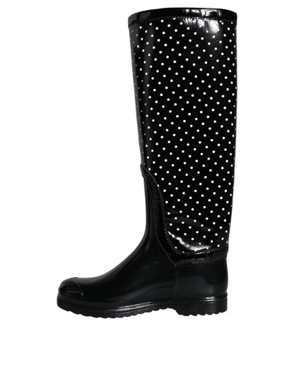 Dolce &amp; Gabbana Black Polka Dot Rubber Knee High Boots Shoes