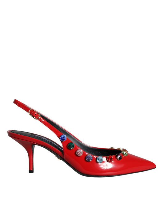 Dolce &amp; Gabbana Red Leather Crystal Heels Slingback Shoes