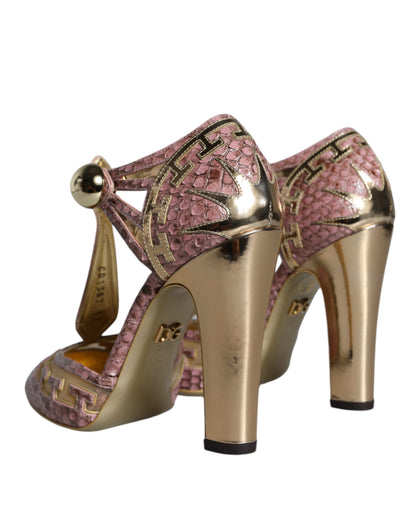 Dolce &amp; Gabbana Pink Gold Leather Pumps T-strap Sandals Shoes