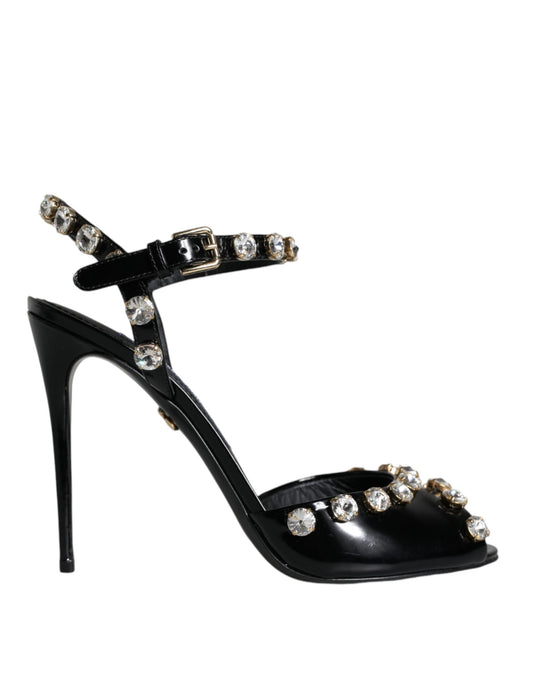 Dolce &amp; Gabbana Black Leather Crystal Ankle Strap Sandals Shoes