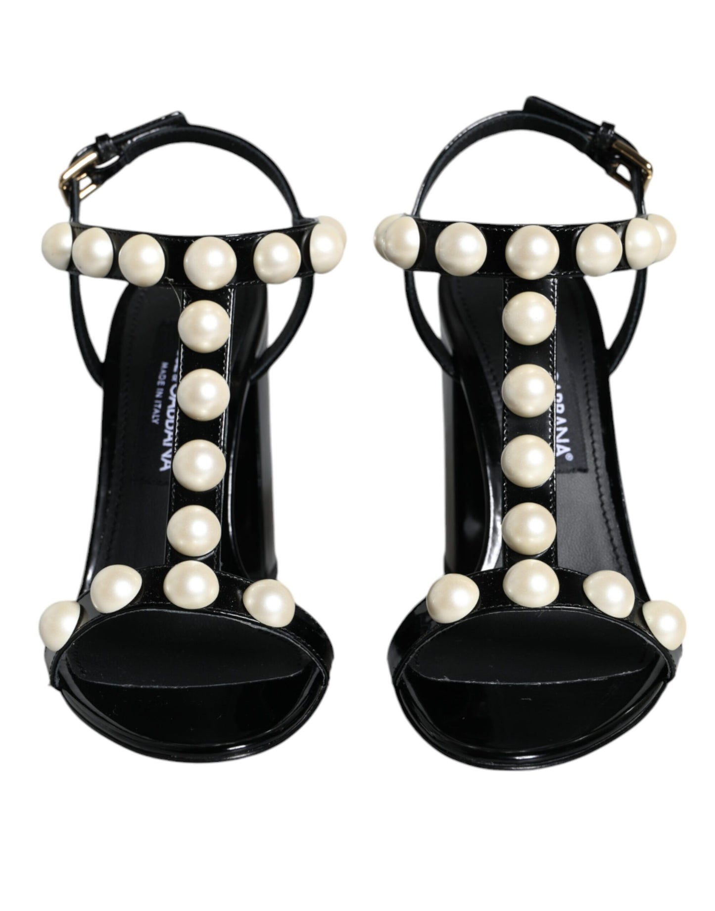 Dolce &amp; Gabbana Black Leather Pearls T-strap Sandals Shoes