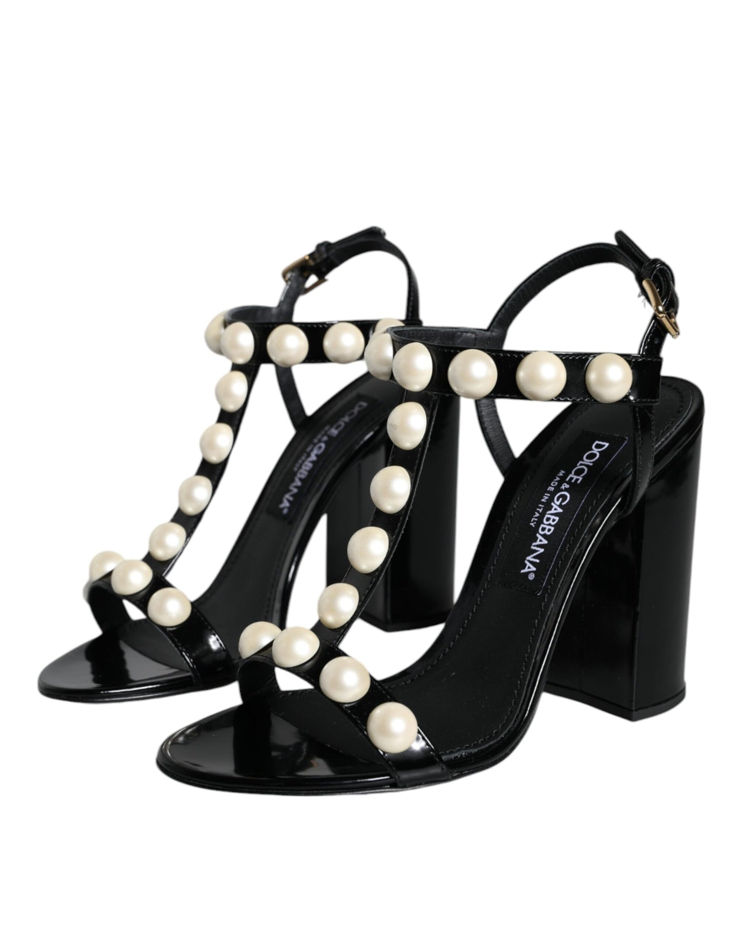 Dolce &amp; Gabbana Black Leather Pearls T-strap Sandals Shoes