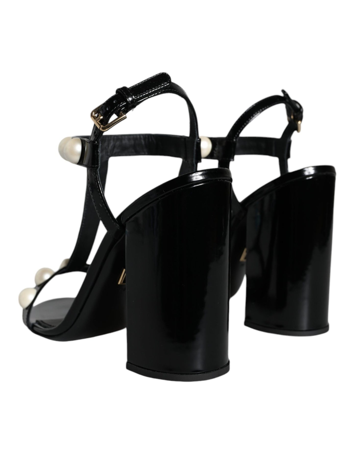 Dolce &amp; Gabbana Black Leather Pearls T-strap Sandals Shoes