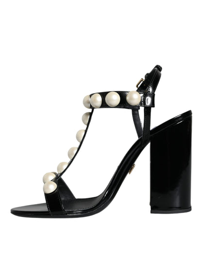 Dolce &amp; Gabbana Black Leather Pearls T-strap Sandals Shoes