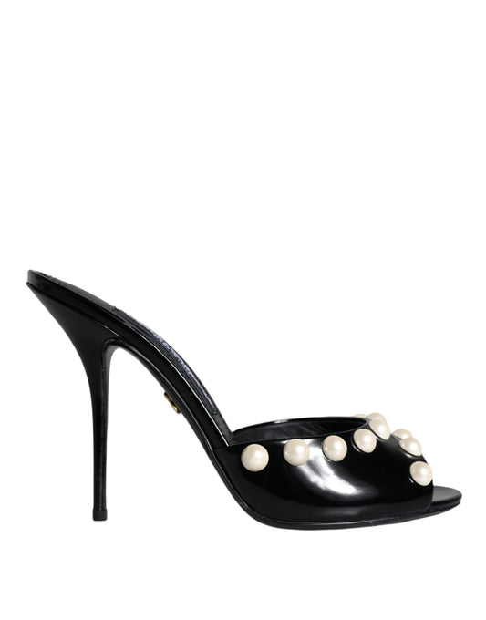 Dolce &amp; Gabbana Black Leather Pearls Slides Sandals Shoes