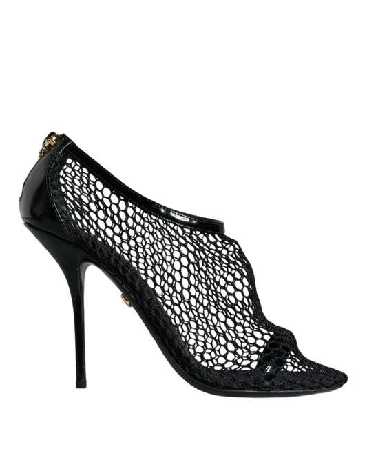 Dolce &amp; Gabbana Black Mesh Leather Heels Keira Sandals Shoes