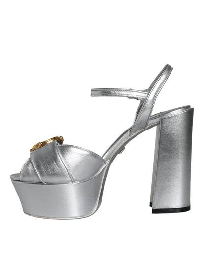 Dolce & Gabbana Silver Leather Platform Logo Keira Sandals Shoes