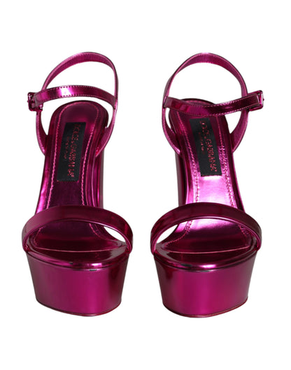 Dolce &amp; Gabbana Fuchsia Leather Platform Logo Keira Sandals Shoes