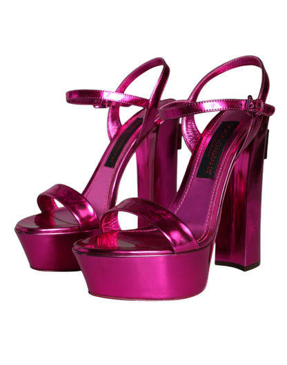 Dolce &amp; Gabbana Fuchsia Leather Platform Logo Keira Sandals Shoes