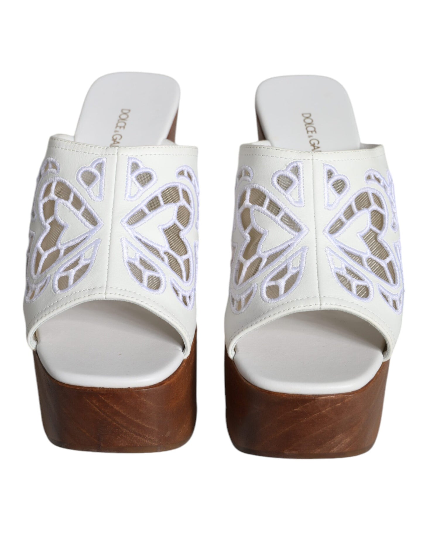 Dolce &amp; Gabbana White Leather Wood Mules Wedge Slides Shoes