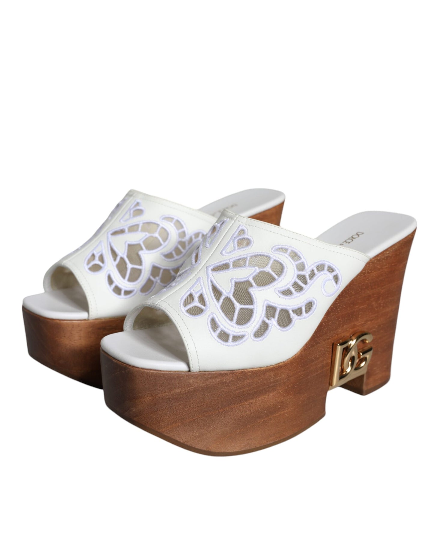 Dolce &amp; Gabbana White Leather Wood Mules Wedge Slides Shoes