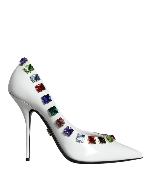 Dolce &amp; Gabbana White Crystals Leather High Heels Pumps Shoes