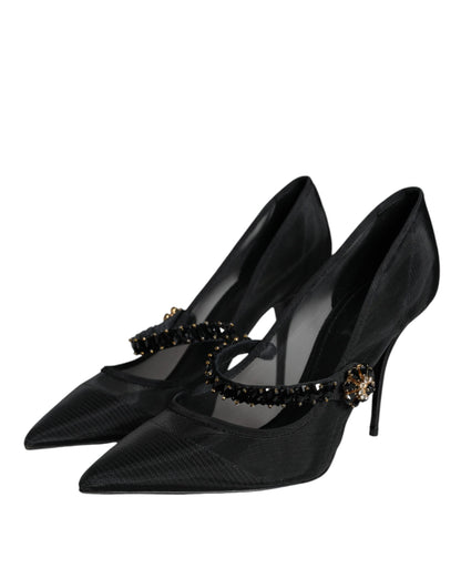 Dolce &amp; Gabbana Black Mesh Mary Jane Crystal Heel Pumps Shoes