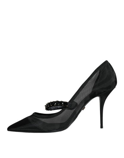 Dolce &amp; Gabbana Black Mesh Mary Jane Crystal Heel Pumps Shoes