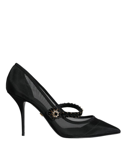 Dolce &amp; Gabbana Black Mesh Mary Jane Crystal Heel Pumps Shoes